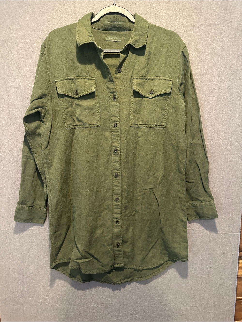 Outerknown Olive Green Long Sleeve Button-Front Dress